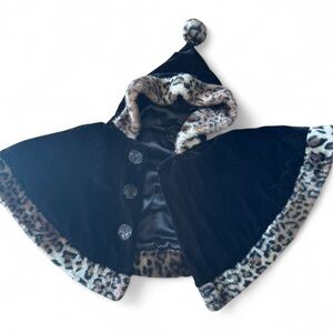 Kids Black Faux Leopard Trim Cape Coat